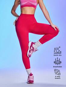 Easithlete 女士纯色高腰休闲健身紧身裤 - 玫紅色 - 查看 5