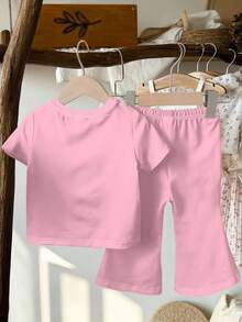 SHEIN Kawaii, Fall, Cute Cartoon Blue Rabbit Lulu, Pink Patchwork Print, Chill Chill, Young Girl Casual Minimalist Cartoon Pattern Round Neck Short Sleeve Top And Flare Pants 2 Pieces Set, Suitable For Summer, Outdoor Picnic, Outing, Street Style, Home, Bohemian - Multicolor - View 3