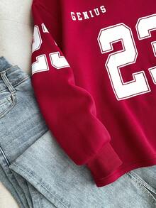 SHEIN 少女宽松罗纹领数字和英文印花卫衣，秋冬红色 - 紅色 - 查看 6