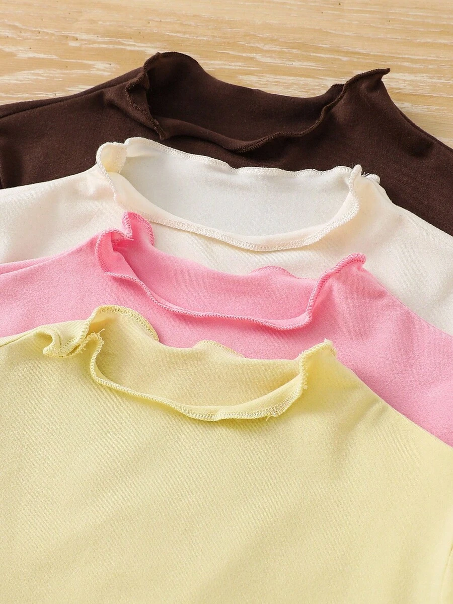 SHEIN LMoss Kids Áo thun dệt kim cổ lọ viền rau diếp LMoss Young Girl 4 món, đa năng, thích hợp mặc thường ngày và đi học vào mùa thu đông - Cà phê nâu - Xem 1