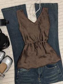 INAWLY Women's Casual Solid Color Lace-Up Camisole, Summer - Brown - View 2