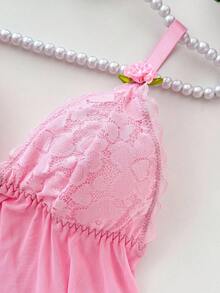 PetitDoll 1 件蕾丝拼布花朵镂空心形装饰无钢圈文胸，甜美可爱前扣式文胸，适合女士 - 粉色 - 查看 7