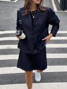 Livesso Women's Casual Notched Collar Double Pocket Denim Jacket And Denim Shorts Set, Autumn School - Blue - View 4