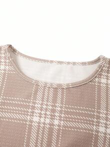 Ellevyn 大码女式圆领七分袖格子腰带设计优雅连衣裙 - 彩色 - 查看 6