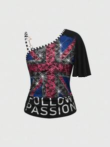 ROMWE J-Fashion 复古十字水钻和金箔印花褶皱腰复古拼色黑白条纹饰边金色星星肩带不对称 T 恤 - 黑色 - 查看 1