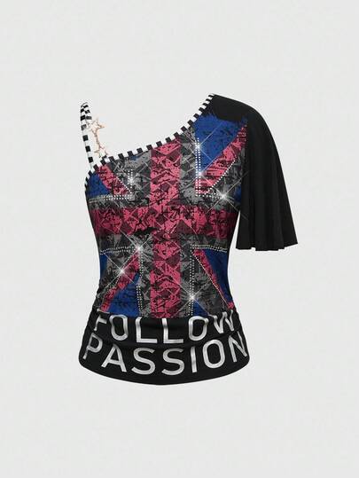 J-Fashion Vintage Kreuz Strass & Foliendruck geraffter Taille Retro Farbblock Schwarz Weiß gestreifter Saum Gold Stern Träger asymmetrisches T-Shirt