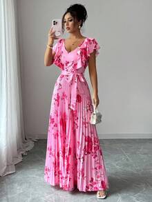 Elenzga V-Neck Digital Floral Print Vacation Style Ruffle Waist A-Line Elegant Romantic Dress For Women