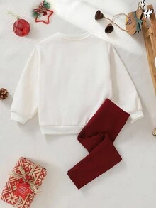 Cozy Pixies 2 Stücke/Set Kleine Mädchen Weihnachten Candy Cane Farbblock Schleife Dekor Rundhals Langarm Kapuzen Sweatshirt und Jogginghose mit elastischem Bund - Rot - Übersicht 2
