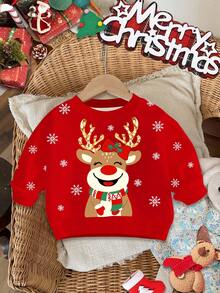 SHEIN Happikins Baby Mädchen süße Cartoon Rentier, Weihnachtsbaum, Schneeflocke Muster rote festliche lässige Passform kuschelige Strick Rundhals Pullover Sweatshirt, Weihnachten - Verschiedenfarbig - Übersicht 2