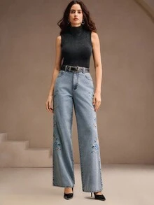Anewsta Quần Jeans Denim Túi Xiên Thêu Hoa Thường Ngày Cho Nữ - Màu xanh nhạt - Xem 7