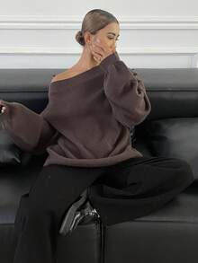 女士宽松商务休闲斜领棕色套头针织毛衣，适合秋冬季 - 棕色 - 查看 7