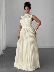 Maweii Plus Size Women Solid Color Sleeveless Lace Pleated Waist Dress - Apricot - View 5