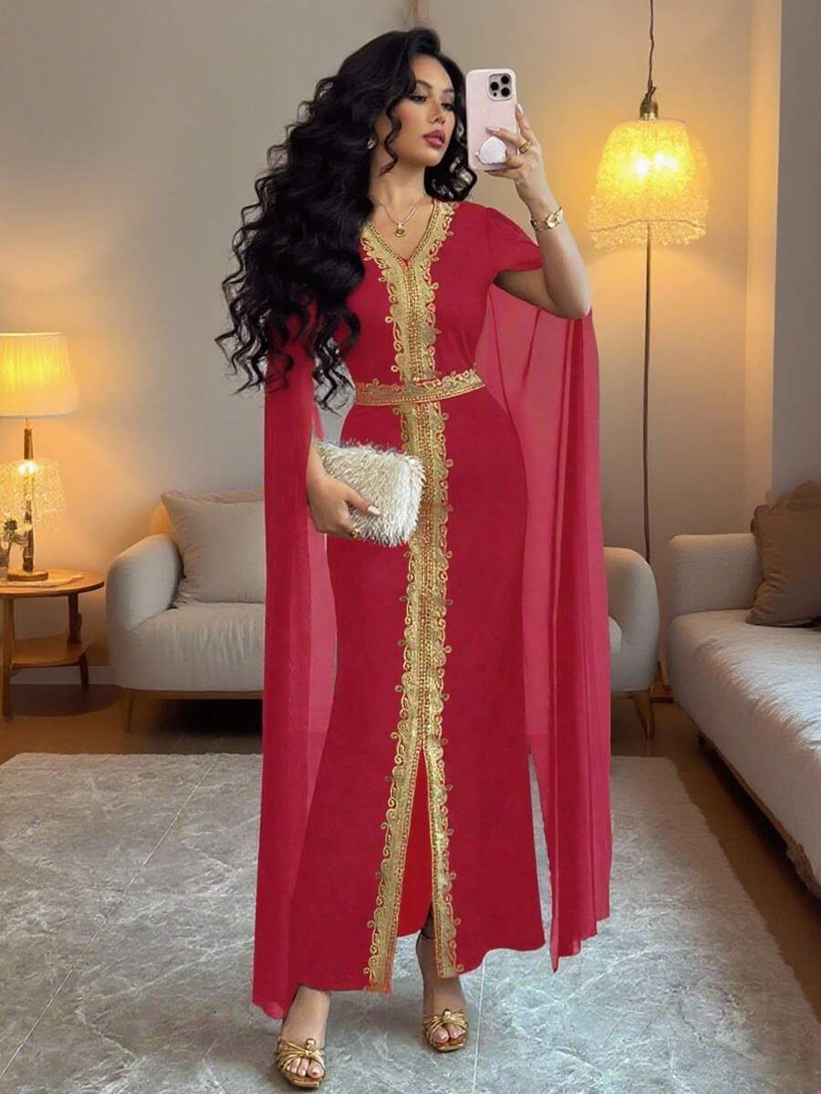 Rafferiza 女士刺绣金色编织腰带 V 领收腰开衩袖修身披肩领连衣裙 - 酒紅色 - 查看 1