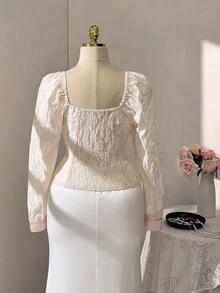 Sweetra Áo sơ mi tay dài vải jacquard chắp vá thanh lịch cỡ lớn - Màu be - Xem 4