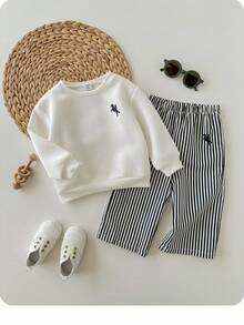 SHEIN 2 件女婴休闲条纹长袖卫衣和裤子套装，秋冬 - 白色 - 查看 1