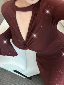 Flirla Plus Size Sexy Solid Color Deep V Sparkly Decor Fitted Dress - Coffee Brown - View 5