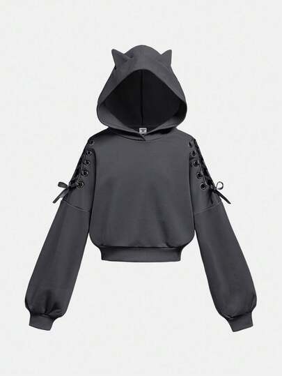 SHEIN Girlism 少女万圣节时尚街头风耳朵图案长袖抽绳休闲套头卫衣，蝴蝶结卫衣，少女深灰色卫衣，少女短款卫衣，秋冬季