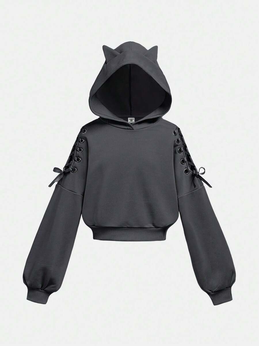 SHEIN Girlism 少女万圣节时尚街头风耳朵图案长袖抽绳休闲套头卫衣，蝴蝶结卫衣，少女深灰色卫衣，少女短款卫衣，秋冬季 - 深灰色 - 查看 1