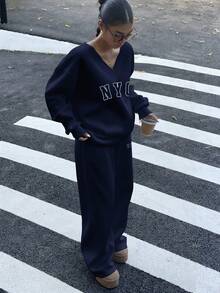 Muchica Set de sudadera y pantalón de chándal de felpa esponjosa con estampado de NYC en azul marino, cuello en V, holgado y elástico, para otoño/invierno - Azul Marino - Ver 4