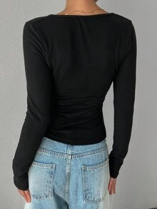 DAZY 女士 V 领修身纽扣长袖羊毛 T 恤