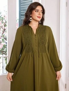 Lacomfia Đầm dài tay thắt eo thêu nút cổ khoét lỗ cho nữ cỡ lớn - xanh quân đội - Xem 6