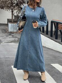 Livesso 女式秋季圆领收腰泡泡袖牛仔连衣裙 - 藍色 - 查看 1
