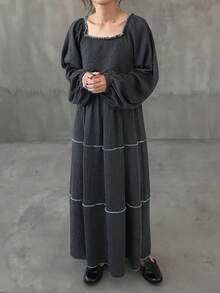 FRIFUL Damen Loose Fit einfarbiges Kleid mit quadratischem Ausschnitt und Langarm, Kontrastbesatz, ausgestellter Rock, lässig & vielseitig, Herbst