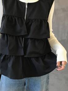 FRIFUL Women's Casual Solid Color Ruffle Hem Sleeveless Jacket, Summer Women Coats - Black - View 7