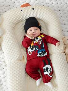 SHEIN 2pcs/Set Newborn Baby Boy Girl Cute Cartoon Print Long Sleeve Burgundy Sweatshirt & Elastic Waist Pants Outfit,Autumn Family Matching Toddler Clothes - Red - View 5