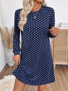 EMERY ROSE 女式圆领波点印花休闲宽松插肩袖连衣裙 - 藏蓝色 - 查看 8