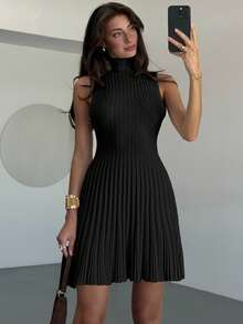 Aloruh Minimalist Stand Collar Sleeveless A-Line Mini Ribbed Knit Dress For Women,Fall - Black - View 7