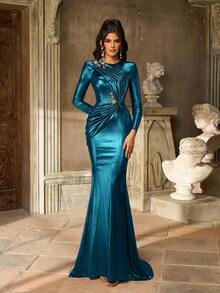 Aureia Đầm dạ hội trang trọng dành cho nữ, cổ tròn, tay dài, vai rộng, xếp ly, viền đuôi cá, họa tiết hoa 3D thủ công màu nâu sẫm sang trọng, thanh lịch - Màu xanh ngọc - Xem 7