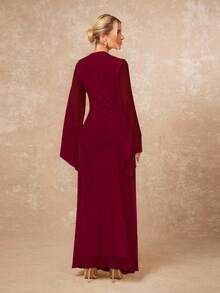 Lumalex 女士宽松薄纱连衣裙，系带腰带，飘逸袖子，婚礼宾客礼服 - 酒紅色 - 查看 10