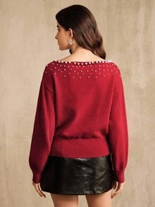 Anewsta Áo len dệt kim dáng rộng cổ tròn đính đá Rhinestone trang trí mùa thu/đông dành cho nữ, Áo chui đầu dệt kim thanh lịch cho Giáng sinh, mùa thu, mùa đông - Đỏ - Xem 2