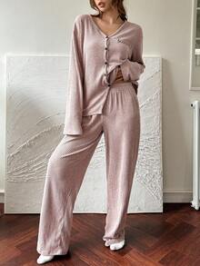 DAZY Comfortable Knit Fleece Fabric Simple English Embroidery Decor Long Sleeve Top & Pants Loungewear Set Fall, Winter Clothes , Cozy