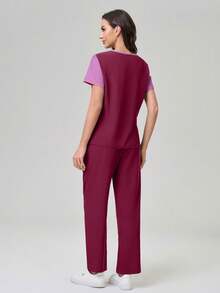 TaskEZ Scrub Uniform Set With Gradient Short Sleeve Top And Solid Color Pants - Black - View 6