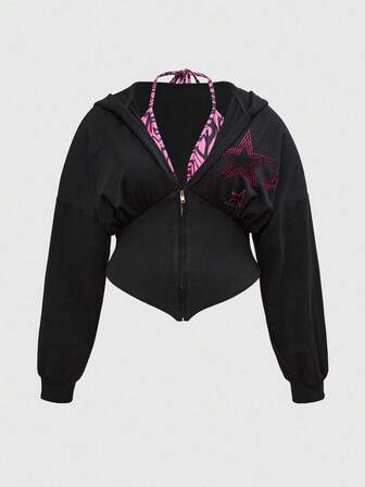 J-Fashion Plus Size Shibuya Gyaru Y2K Rhinestone Star Halter Neck 2 In 1 Drawstring Hoodie/Winter