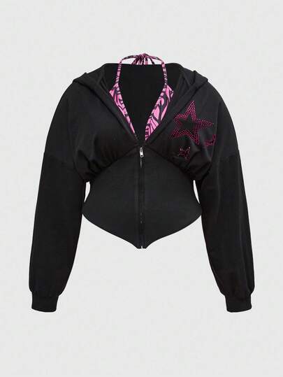 J-Fashion sweat-shirt à capuche 2 en 1 avec col ras-du-cou à strass style Gyaru Shibuya Y2K, grande taille