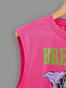 SHEIN EZwear 骷髏頭和字母圖案短款背心 - 玫紅色 - 查看 2