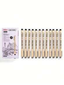 1/12支装尖头颜料笔微米墨水马克笔适用于漫画绘图素描针笔勾线笔素描文具套装美术用品 - 黑色 - 查看 5