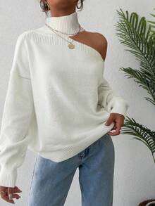 EURMUSE Jersey cuello alto con abertura de hombros caídos - Blanco - Ver 4