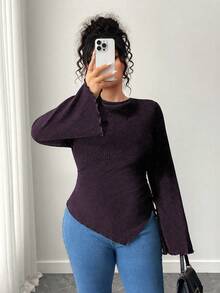 Elenzga Plus Size Casual Solid Color Asymmetric Hem Flare Sleeve T-Shirt Fall - Purple - View 3