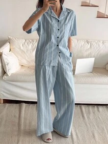 DAZY Bộ đồ ngủ tay ngắn và quần cài nút kẻ sọc tương phản dành cho nữ - Màu xanh lam - Xem 6