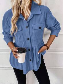 SHEIN LUNE Casual Solid Color Corduroy Regular Jacket, Autumn - Blue - View 7