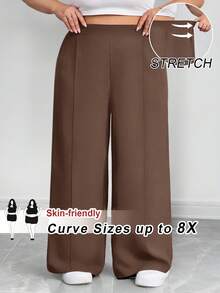 SHEIN CURVE+ 大码女式纯色褶皱裤，黑色宽松阔腿裤，曲线加大，Hoho 度假 - 棕色 - 查看 1