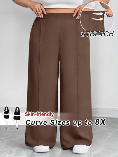 SHEIN CURVE+ 大码女式纯色褶皱裤，黑色宽松阔腿裤，曲线加大，Hoho 度假