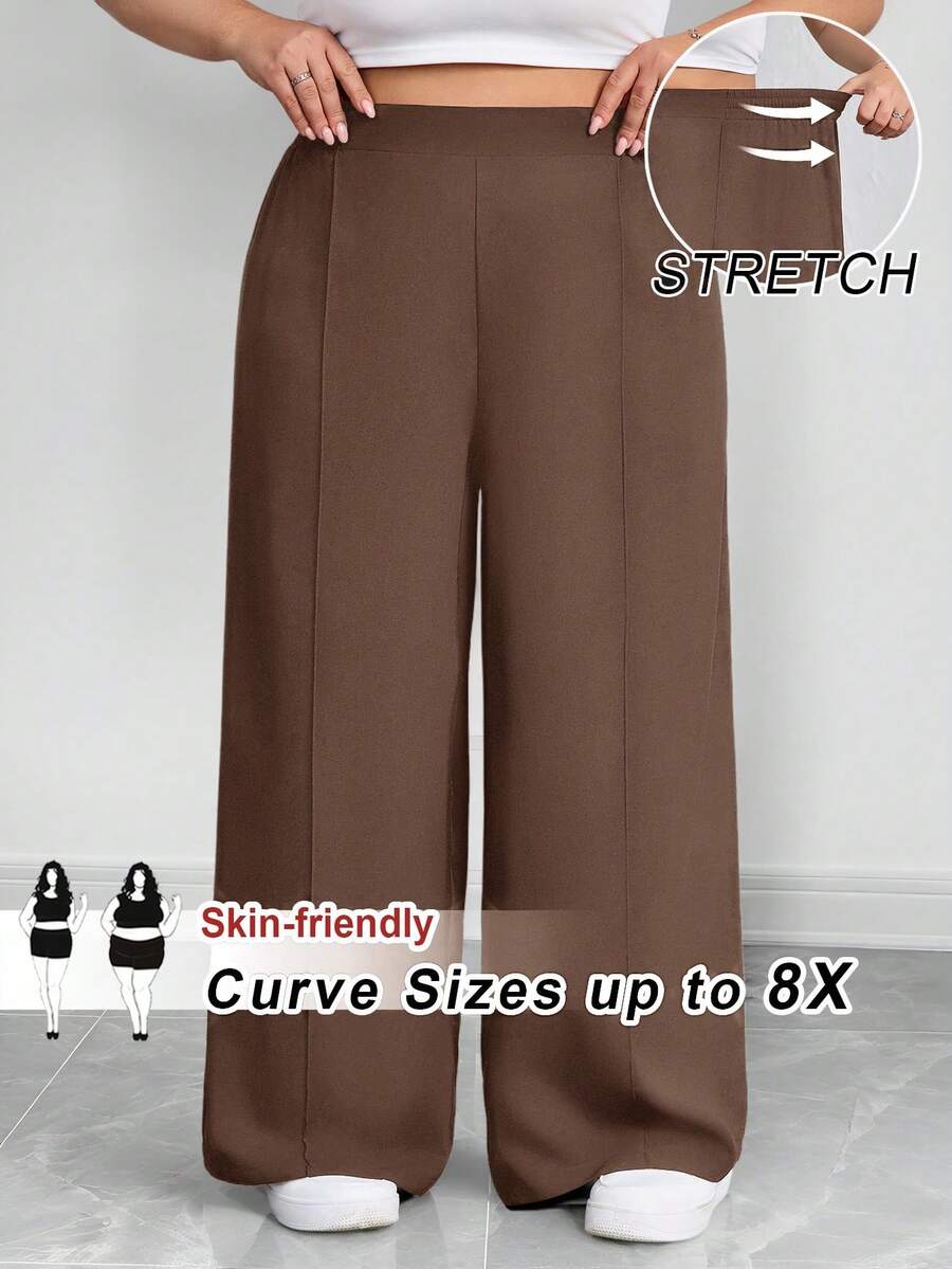 SHEIN CURVE+ 大码女式纯色褶皱裤，黑色宽松阔腿裤，曲线加大，Hoho 度假 - 棕色 - 查看 1