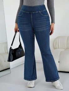 SHEIN CURVE+ 女士加大码深蓝色秋冬高腰弹力拉链喇叭牛仔裤，万圣节服装，乡村风格女装，时尚秋季 - 中等水洗藍 - 查看 3