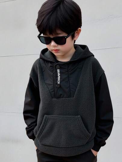 Genkimix Kids 1件男童冬季新款毛绒卫衣，时尚半扣抓绒套头衫，饰有英文刺绣和前袋，休闲户外保暖秋季款