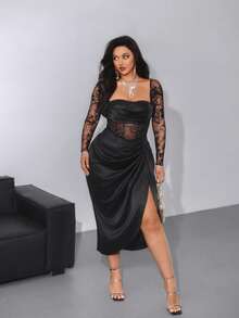 Viva Relle 大码女式低胸长袖缎面蕾丝拼布镂空花卉荷叶边中长款黑色连衣裙，优雅复古休闲派对鸡尾酒礼服 - 黑色 - 查看 4